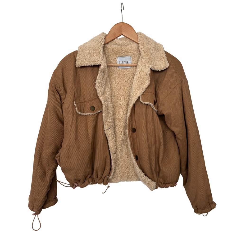 Reyon Mont Brown Corduroy Faux Shearling Lined Cropped Bomber Jacket Womens S